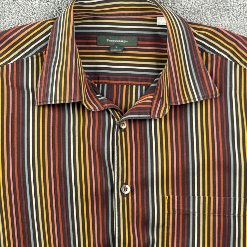 Ermenegildo Zegna Button Down Mens L Brown Multi Stripe Cotton Luxury Casual